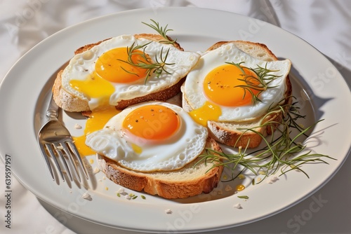 a traditional breakfast or brunch dish - roasted eggs with greens on a sourdough bread toast, egg yolk melting and dripping