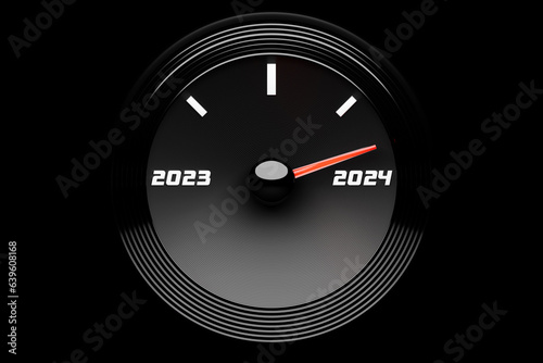 3D illustration close up black speedometer with cutoffs 2023,2024. The concept of the new year and Christmas in the automotive field. Counting months, time until the new year.
