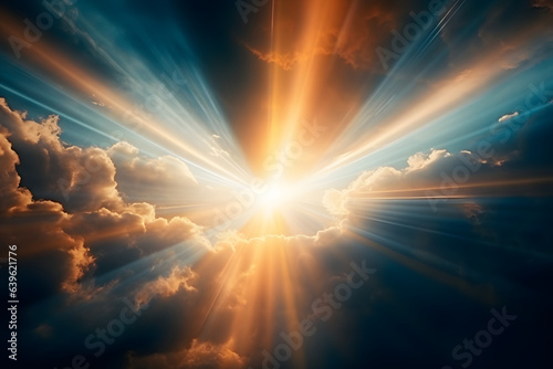Heavenly rays of light in the clouds. Dreamy inspiring hope concept. Sun rays from heaven. Blessed light.
