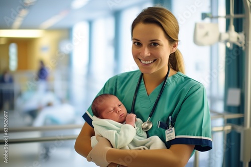 krankenschwester oder ärztin mit einem neugeborenen kind. baby im arm nach der geburt im krankenhaus.