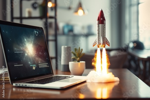 Illustration zum Thema Business Start-Up. Erfolgreich eine Firma gründen und zum Ziel führen. Rakete startet vor dem Laptop. Raketenstart als Symbol für die Gründung einer Firma im Technologiebereich.
