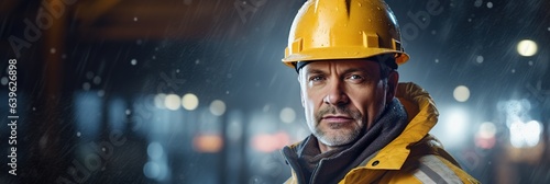 Breiter Banner zeigt Arbeiter mit gelben Helm und Regenjacke auf der Baustelle. Bauleiter in Berufskleidung bei Nacht bei der Arbeit. Platz für Text.