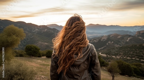 Side see of female traveler with long wavy hair standing on perspective and watching beautiful scene with mountains beneath dusk sky in Spain