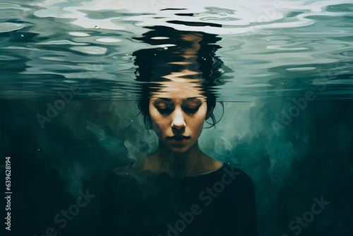 Calm woman thinking underwater. Abstract representation of internal struggles. Mental health concept