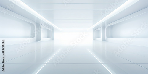 Empty space inside futuristic room, showroom, spaceship, hall or studio in perspective view. Include ceiling, hidden light, white floor. Modern background design of future, technology.