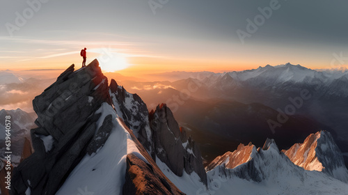 Tourist walks on mountain near abyss edge on high altitude under cloudy sky. Man on high rock near precipice edge.