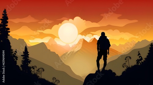 Nature landscape with mountain and sun in paper cut style. Traveler illustration craft paper art.