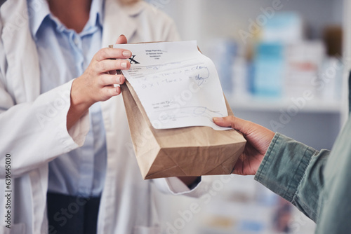 Pharmacy, hands and prescription medicine for customer with paper bag for healthcare, drugs and pharmaceutical. Closeup of a pharmacist or medical worker with person in drugstore for retail service