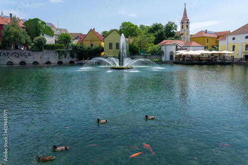 tapolca cityscape in Hungary lake and fountain with ducks and fishes