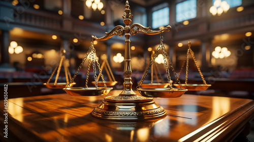 Hyperrealistic image of judge gavel and scale of justice at the court, front view, hyperrealestic, cinematic lighting, front view, wide angle, high angle, 