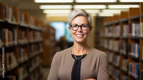 Middle age librarian or college teacher standing in library in front of book shelfes