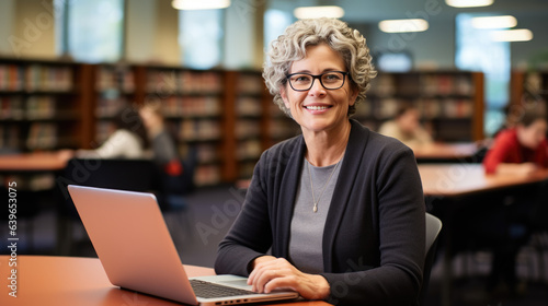 Female professor sits in the university library with a laptop, preparing for a lecture