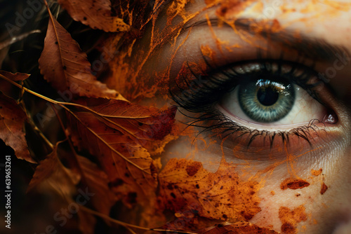 A creative and abstract close-up of autumn foliage in vibrant yellow and orange tones. Enchanting gaze of a pagan goddess or witch.