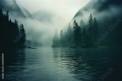Foggy morning on the lake. Landscape with fog and mountains.