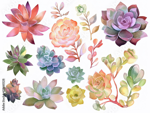 Watercolor painting of a set of different cactus succulents. Pastel colors isolated on white background.