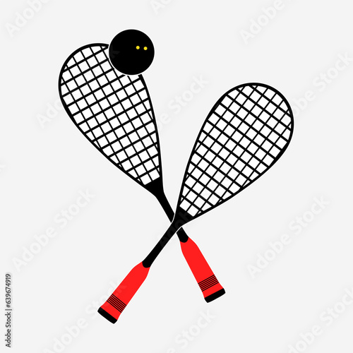 Two rackets and a squash ball. Crossed squash rackets icon. Simple vector drawing.