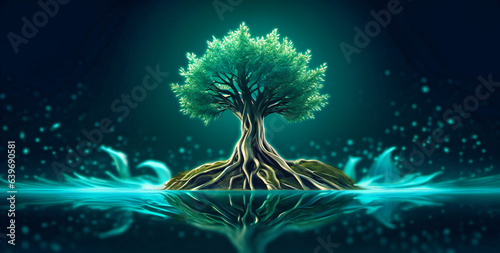 In a dark expanse, an animated tree flourishes within water, its roots delving deep an evocative symbol of life's resilience