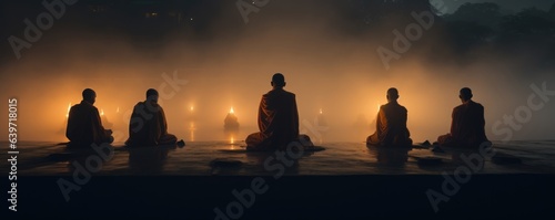 A group of Malaysian monks dressed in dark orange robes meditating in the early morning mist. The mist wraps around them like a blanket lending a quiet mysticism to the atmosphere.