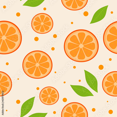  Seamless pattern with oranges slices and leaves background. Vector texture illustration.