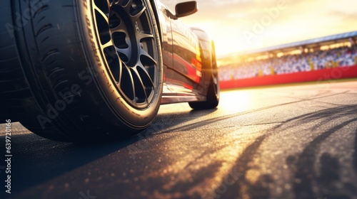 Photo of a close-up of a tire on a race car