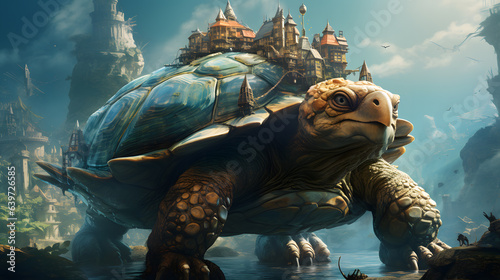 there is a turtle that is walking in the water near a castle Generative AI
