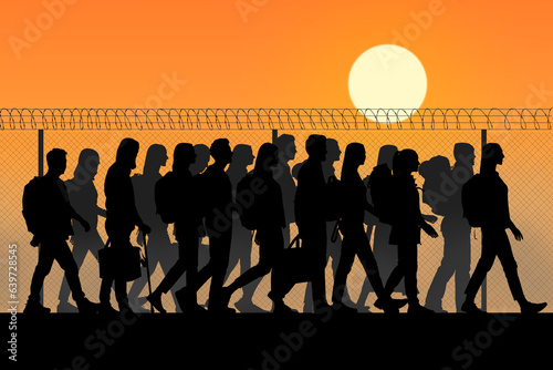 Immigration. Silhouettes of people walking along perimeter fence with barbed wire on top at sunset, illustration