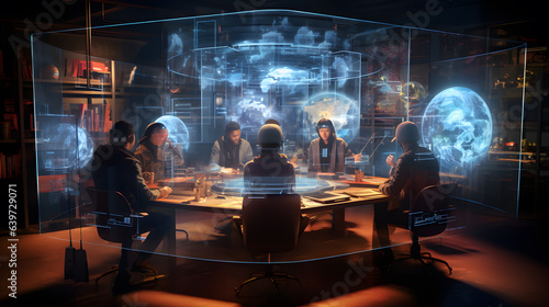 people sitting around a table with a projection of a planet Generative AI