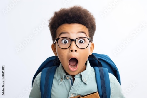 Surprised little boy in glasses with backpack reading book on white background Back to school concept