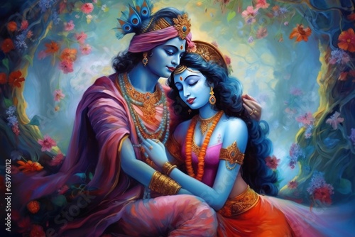 Divine love story of Hindu gods Radha and Krishna through a contemporary art, Generative AI