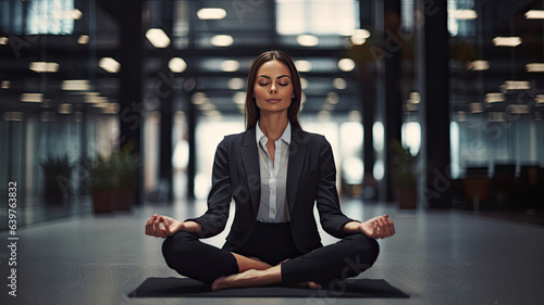 Young business woman is meditating to relieve stress of busy corporate life,genearative ai