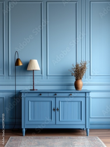 Blue painted wood retro cabinet near wainscoting wall. Vintage classic home interior design of living room with antique furniture