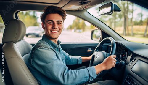 Happy young driver behind the wheel inside new car. Lifestyle scene inside the car