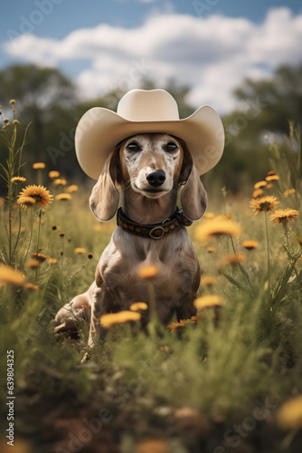 old dapple dachshund dog wearing cowboy hat sitting in a flower field meadow