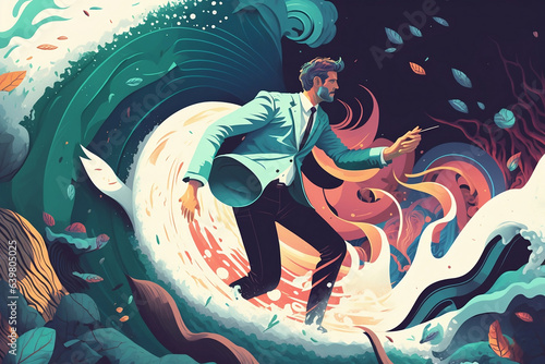  illustration featuring a man in a suit skillfully surfing on a massive wave