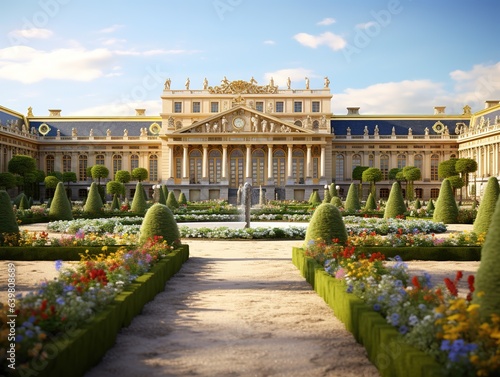 Garden and facade of the palace of versailles. Beautiful gardens outdoors near Paris, France. The Palace Versailles was a royal chateau and was added to the UNESCO list. Generative AI