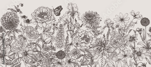 Seamless horizontal pattern garden autumn and summer flowers. Rose, lily, lupine, tulip, peony, irises, dahlia, cosmos, zinnia, marigold, calendula, rudbeckia, gladiolus, datura, eryngium, allium