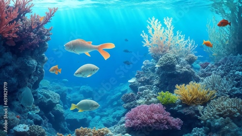 Underwater Scene With Coral Reef And Tropical Fishes, Background 