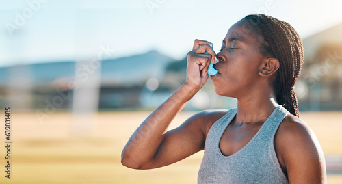 Fitness, breathe and black woman with asthma, inhaler or pump at sports court for training with lung problem. Exercise, deep breath and lady runner with medical relief from allergy respiratory issue