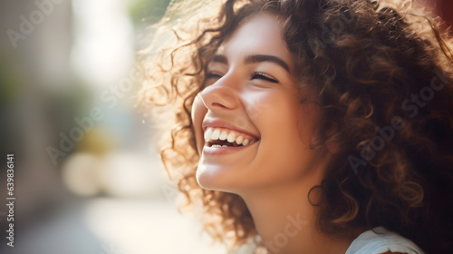 A beautiful young woman laughing happily. Mouth detail, dental health or dental clinic concept. Generative AI