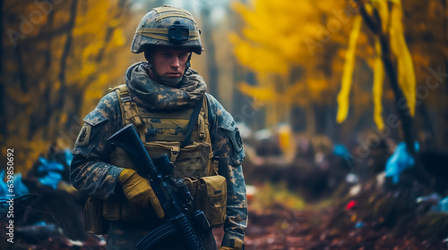Ukrainian warrior in autumn forest , military position, holding gun in hands, wearing military ammunition.