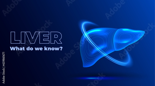 Healthy human liver. Futuristic neon glowing human organ. Banner template with glowing 3d wireframe liver. Vector illustration.