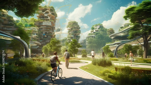 A fantastic green city of the future with people on bicycles.