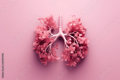 Elevate wellness with human lungs, flowers, and plants on monochrome pink background. Blossoming lung health concept: Nature's harmony unveiled.