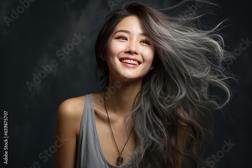 笑顔のアジア人女性、グレーの背景で。ポートレート写真。