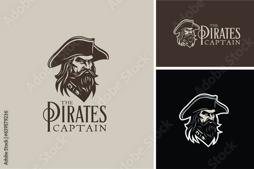 Old Man Face Silhouette with Beard and Mustache wearing Pirate Tricorn Head for Vintage Sea Captain or Classic Commodore Shipmaster Illustration Logo Design