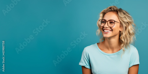 Attractive blond woman wearing blue tshirt and glasses. Isolated on blue background.