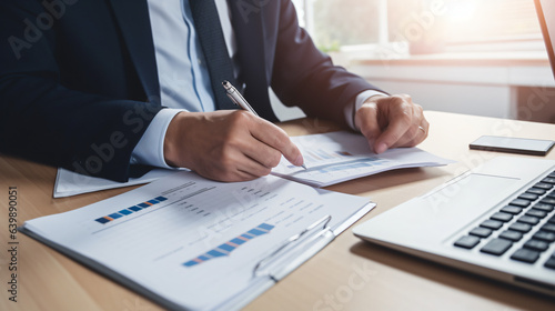 Accountant working on desk using calculator for calculate finance report in office