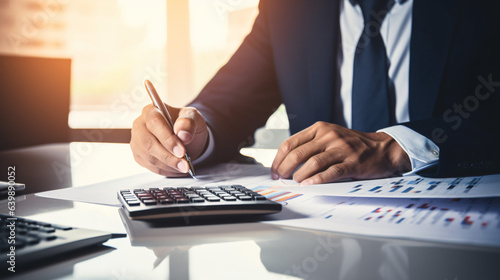 Accountant working on desk using calculator for calculate finance report in office