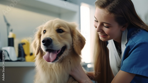 Beautiful Female Veterinarian Petting a Noble Golden Retriever Dog. Healthy Pet on a Check Up Visit in Modern Veterinary Clinic with Happy Caring Doctor