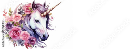 Cute unicorn with flowers isolated on a white background Watercolor illustration 